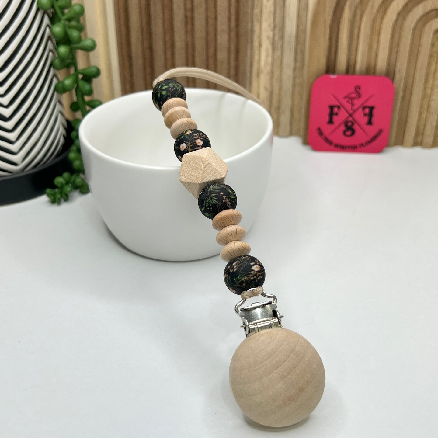 Black Floral Wood Pacifier Clip